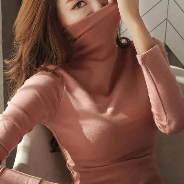 US $6.12 Womens Sweaters 2019 Autumn Winter Tops Turtleneck Sweater Women Black White Thin Pullover Jumper K