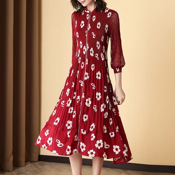 

Plus Size Dress 2020 Women Spring Summer Stretch Miyake Pleated Lantern Sleeve Zipper Flower Printed Dress Mid-Calf Length