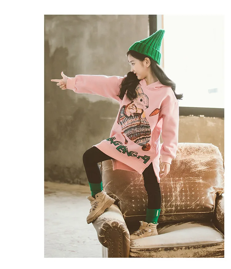 Детские толстовки с капюшоном для девочек зимние теплые пуловеры из плотного бархата, топы с рисунками, Корейская одежда для подростков 10, 12, 14, 16 лет