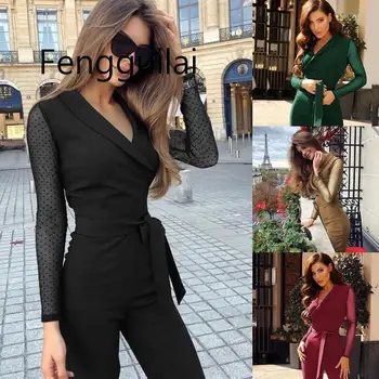 

Autumn Spring New Fashion Long Sleeve Polka Dots Patchwork Elegant Jumpsuit Women Body Femme Bodycon Jumpsuits One Piece Tops