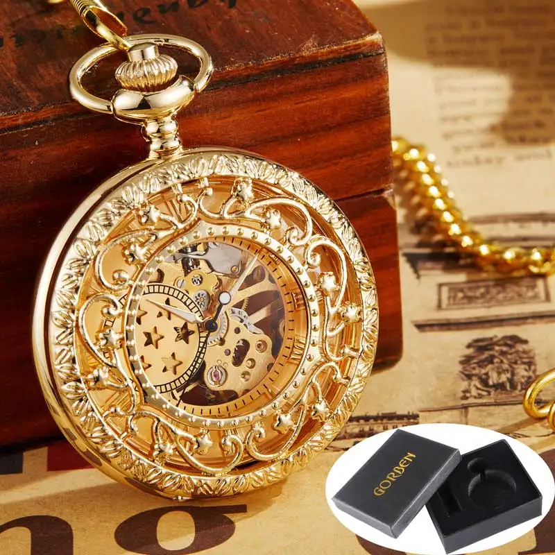gold BOXSET Старинный Античный стимпанк Механический карманные часы ожерелье полый Скелет ручной резной брелок Подвеска для часов цепочка для мужчин и женщин - Цвет: gold BOXSET