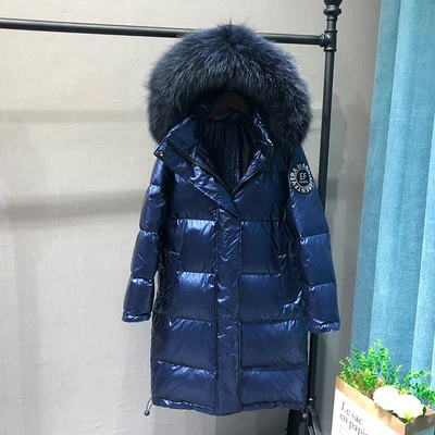 Blue and blue Fur Женский пуховик, новинка, зимнее пальто с большим воротником из натурального меха, Женская Длинная утепленная парка с капюшоном, YRF14 - Цвет: Blue and blue Fur