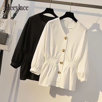 

Plus Size 2019 Women's Autumn Slim Linen Solid Color Fitted Waist Tops Plus Size Office Lady Clothing 5XL