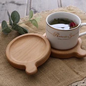 

Wholesale Solid Wood Coffe Cup Coasters With Handle Beech Wooden Round Drink Cup Pads Tea Cup Mats