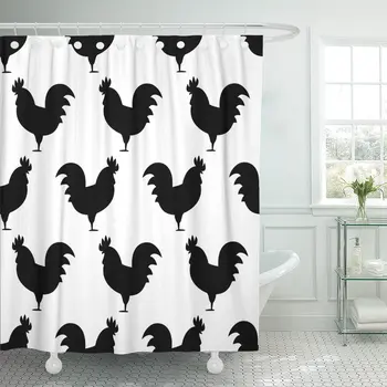 

Pattern Roosters Symbol of Year Black and White Silhouette Shower Curtain Waterproof 72 x 78 Inches Set with Hooks