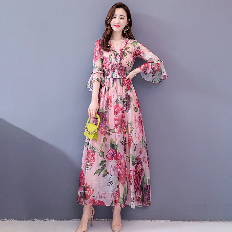 CHICEVER, винтажное элегантное платье с принтом, женское платье с v-образным вырезом, расклешенными рукавами, высокой талией, с петлей, макси, плиссированное, женские платья, мода