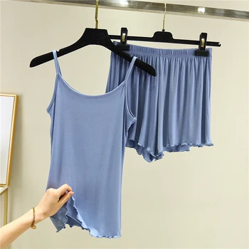 

Modal camisole shorts suit summer new blue Korean loose large size casual home service two-piece suit sexy nightwear pijamas