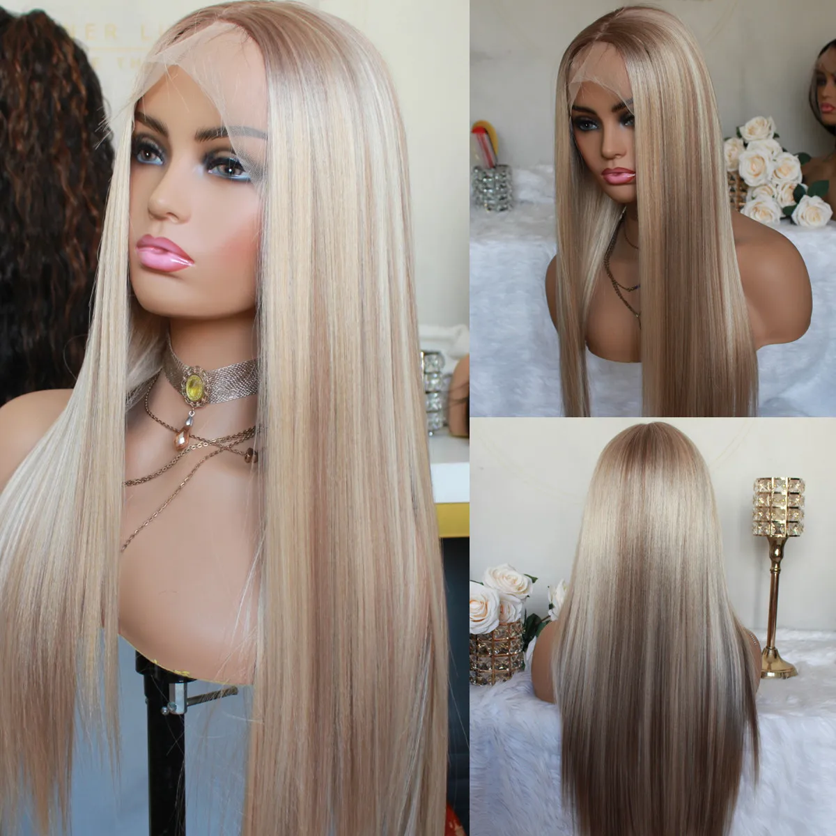 Blonde Lace Front Wig Highlight Ombre Synthetic Hair Silk Base Closure Middle Part Long Straight | Шиньоны и парики
