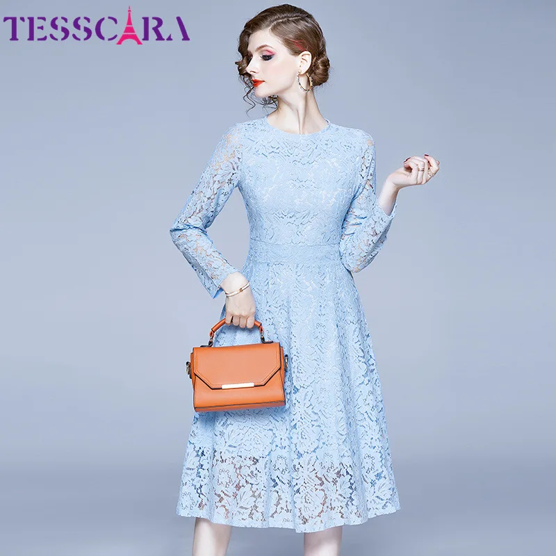 Blue TESSCARA, женское осеннее элегантное голубое кружевное платье, женские офисные вечерние платья, высокое качество, дизайнерские свадебные коктейльные платья - Цвет: Blue
