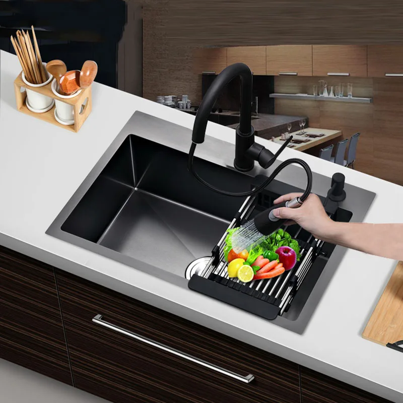 Black single kitchen sink above counter or udermount vegetable washing basin sink kitchen black stainless steel pia black