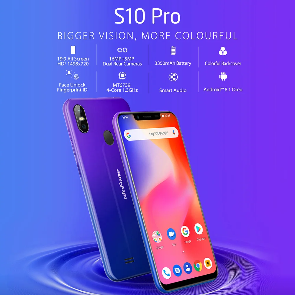 Мобильный телефон Ulefone S10 Pro, 5,7 HD+ 19:9, 2 Гб ОЗУ, 16 Гб ПЗУ, 16 МП, Android 8,1, четырехъядерный смартфон MT6739WA, разблокировка лица, 4G