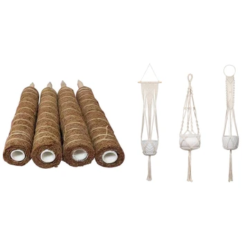 

3 Pack Macrame Plant Hangers Hanging Planter & 4x Coir Totem Pole,17.7 Inch Coir Moss Stick Coir Moss Totem Pole