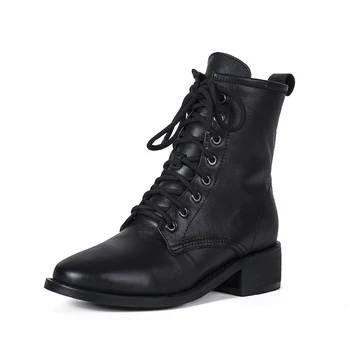 

Cross Tied Genuine Leather Ankle Boots For Women Warm Winter Thick Heels Shoes Woman Party Working Chelsea Boots Heels