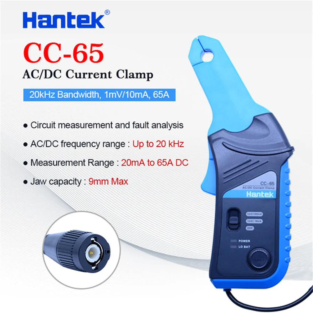 

HANTEK CC-65 AC/DC Current Clamp probe oscilloscope 20KHz/400Hz Bandwidth 1mV/10mA 65A/650A with BNC plug