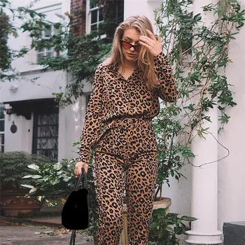 

2019 New Turn-down Collar High Waist Jumpsuit Women Sashes Leopard Print Jumpsuit Christmas Party Long Rompers