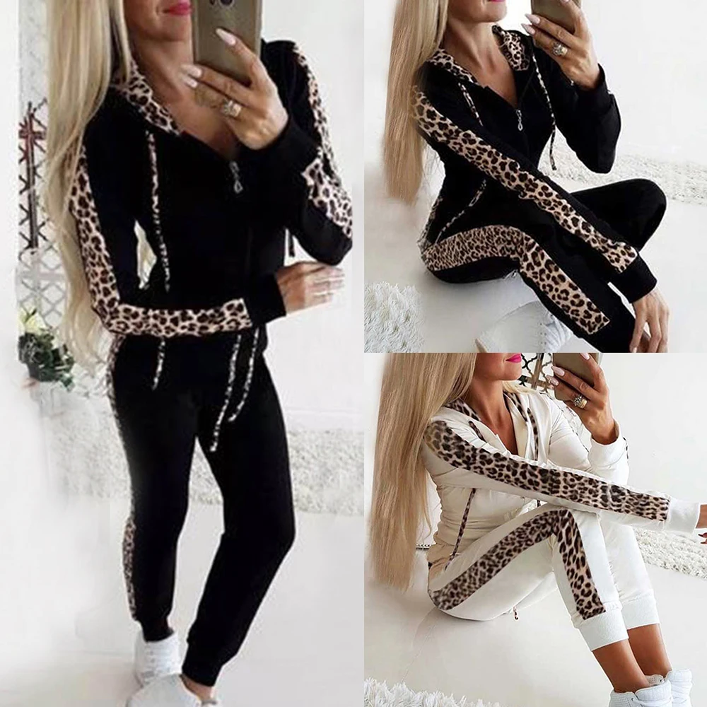 

Fashion Women Two Piece Tracksuit Leopard Print Hooded Sweatshirt Jogging Pants Hoodies Sports Tops Suit Femme Sport Tracksuit