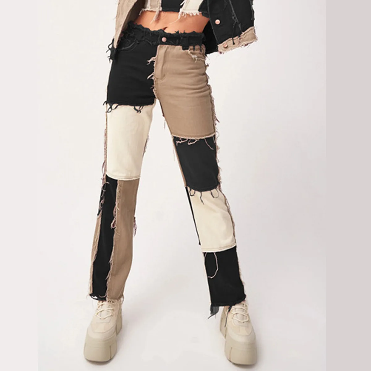 Pantalones vaqueros Cargo para mujer, Jeans con junta de Color mixto, cintura alta, ajustados, rectos, de algodón, Primavera/otoño, 2021
