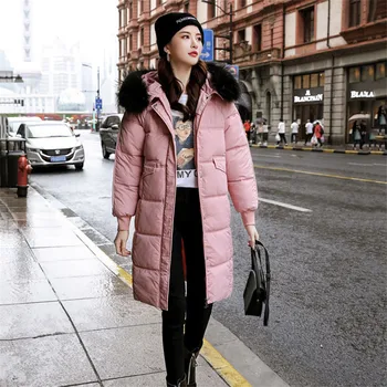 

2019 new down cotton jacket women medium-long section over the knee large size loose fur collar thick cotton Casacos coat YH449