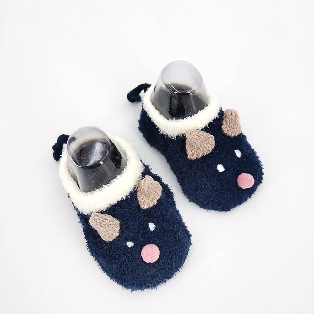 navy blue Детские носки с рисунками животных; милые носки из кораллового флиса; нескользящие однотонные носки-тапочки; Детские гетры; подарок для маленьких девочек - Цвет: navy blue