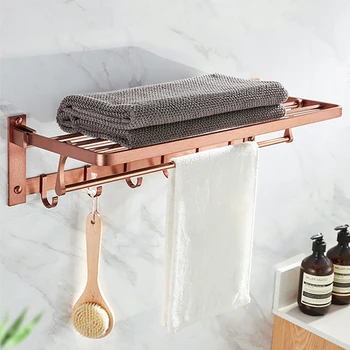 

Aluminum Towel holder bathroom shower shelf Foldable 2 tier Rack with 6 Hooks Wall Mounted Storage Hanger golden silver