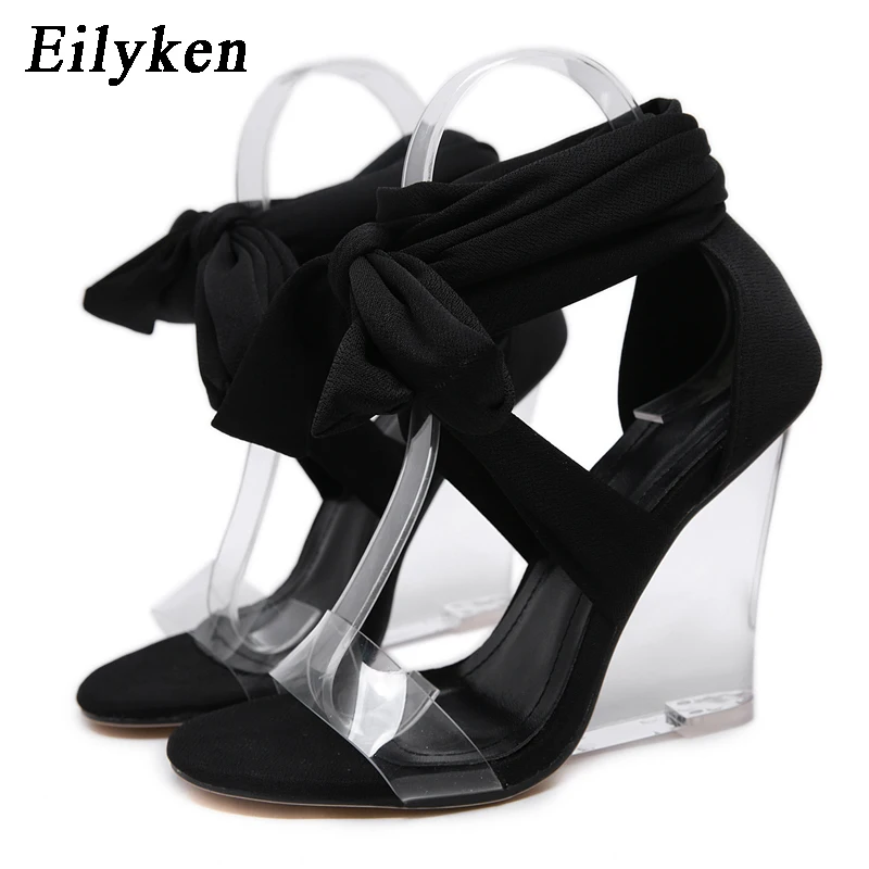 

EilyKen Fashion PVC Transparent Platform Crystal Heels Sandals Summer Lace Up Open-toe Wedge Heels Black Women Sandals Pumps