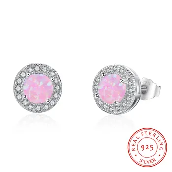 

Round Stud Earrings for Women 925 Sterling Silver Pink Opal Earrings Cubic Zirconia Earrings Female Wedding Statement Jewelry