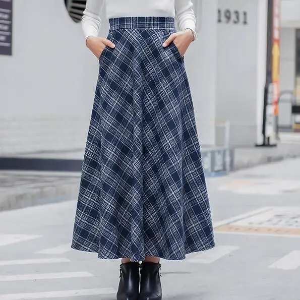 Винтажная клетчатая длинная юбка для женщин, уличная одежда на молнии, эластичная шерстяная юбка с высокой талией и карманами, зима, DF939