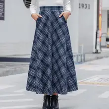 Винтажная клетчатая длинная юбка для женщин, уличная одежда на молнии, эластичная шерстяная юбка с высокой талией и карманами, зима, DF939