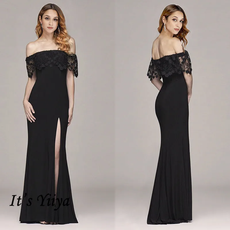 

It's Yiiya Evening Dress Boat Neck Solid Off The Shoulder Dress Woman Party Lace Illusion Plus Size Evening Gowns C476