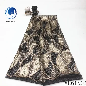 

Beautifical Nigerian lace fabrics high quality tulle lace fabric african lace sequins fabric for dress 5yards ML61N04