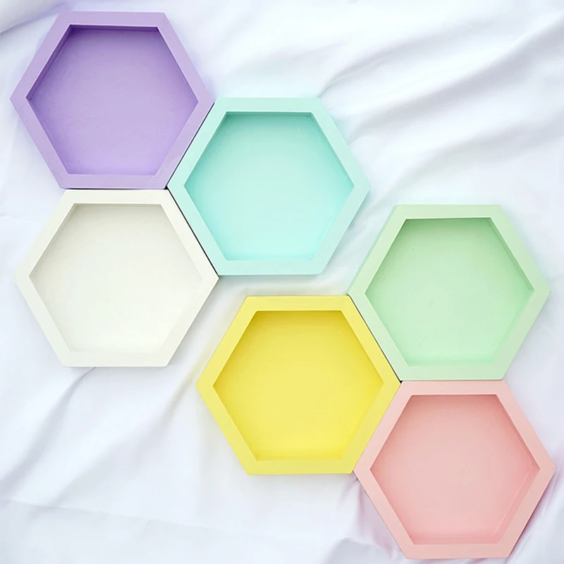 Wood tray handmade hexagon cake tools for party decoration perfume makeup Geometric storage plate sweet table