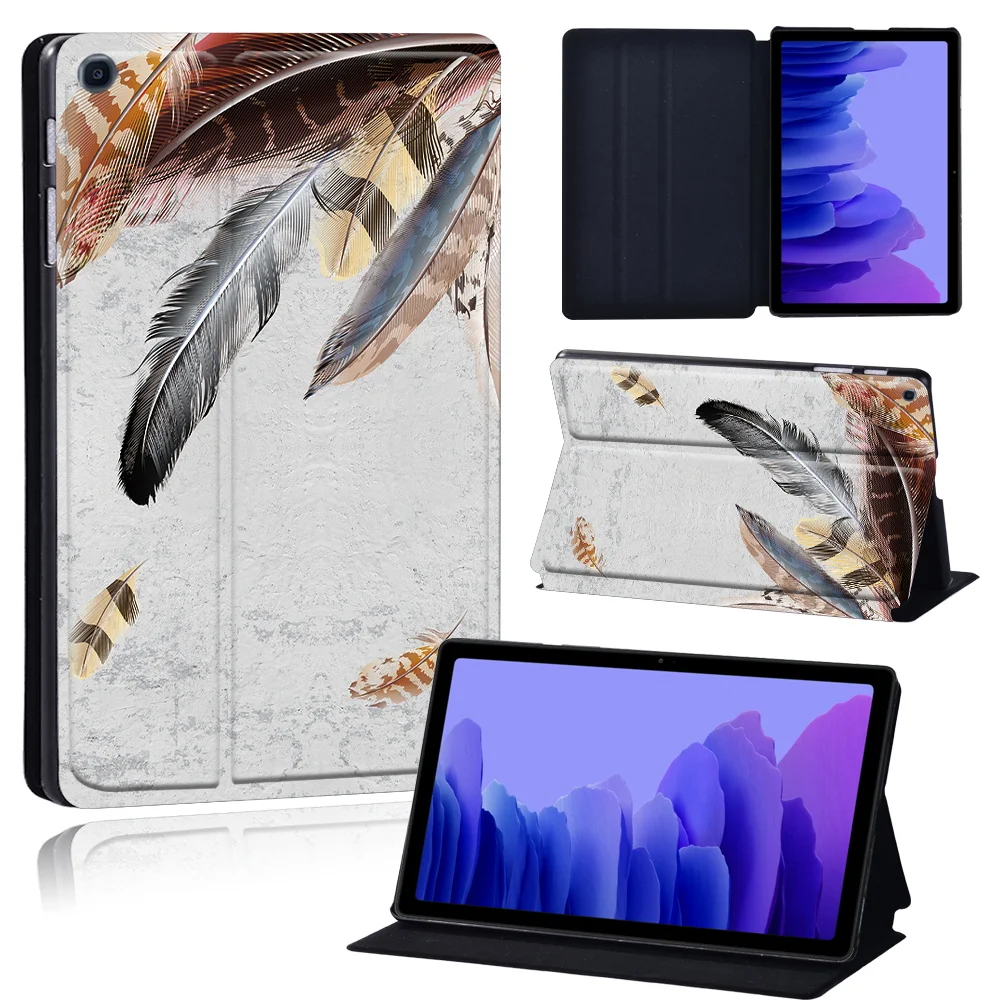 Tablets Case for Samsung Galaxy Tab A7 10.4 Inch 2020 T500/T505 Printed Feather PU Leather Tablet Stand folio Cover+ Free Stylus