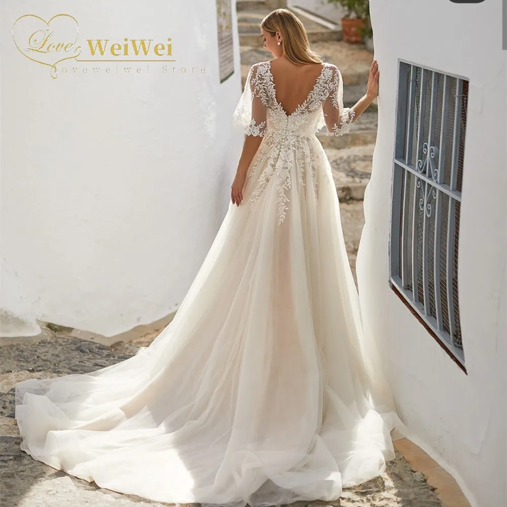 lace wedding dress Boho Wedding Dress Plus Size A-Line V-Neck Sheer Half Flared Sleeves Train Open Back Lace Appliques Vestidos De Novia 2020 bridal dresses