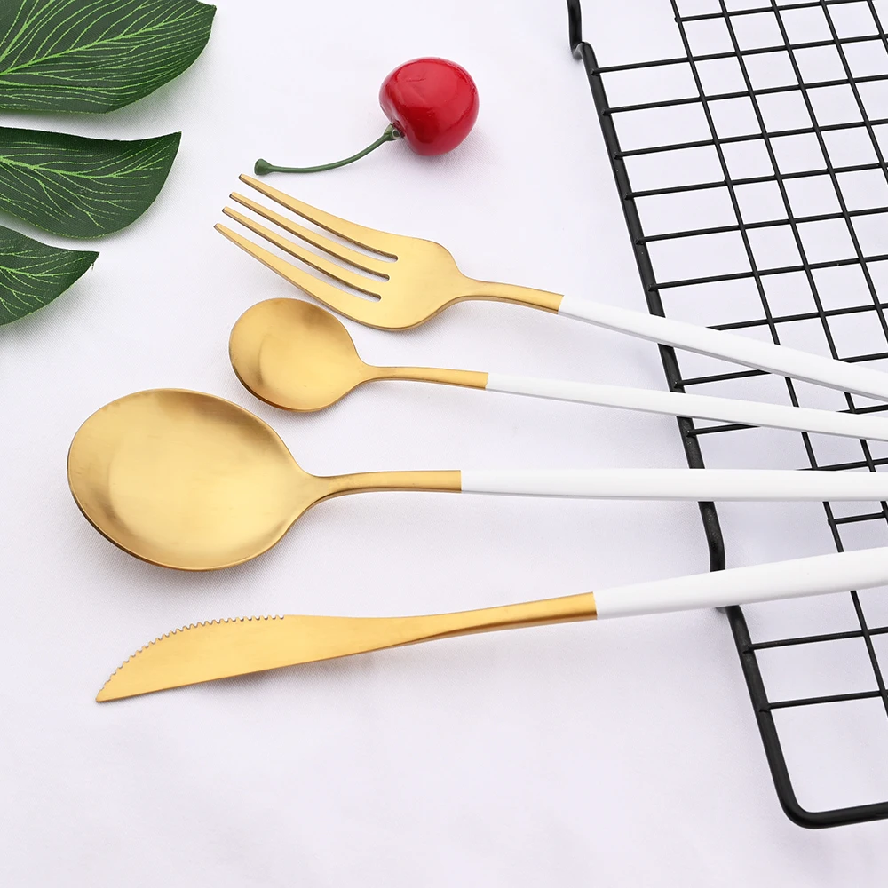 4/20Pcs Dinnerware Matte White Gold Cutlery Set Stainless Steel Flatware Set Knife Fork Spoon Wedding Kitchen Silverware