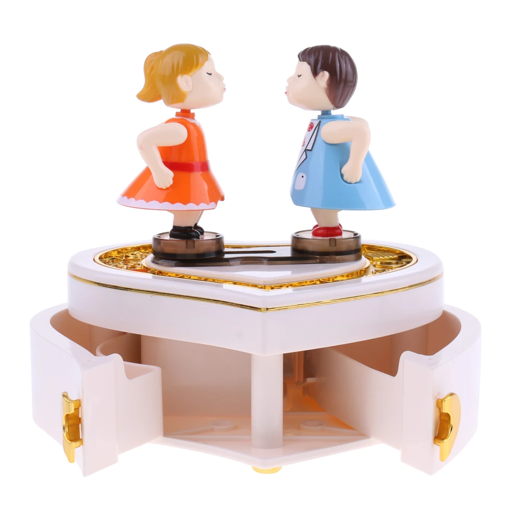 Heart Shape Kissing Doll Music Box W / Jewelry Drawer Clockwork Toy B