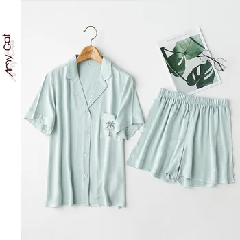 

Summer Fresh 3-Color Flower Satin Embroidered Short Sleeve Shorts Pajamas Turn-down Collar Solid Viscose Satin Sleepwear 2 Piece