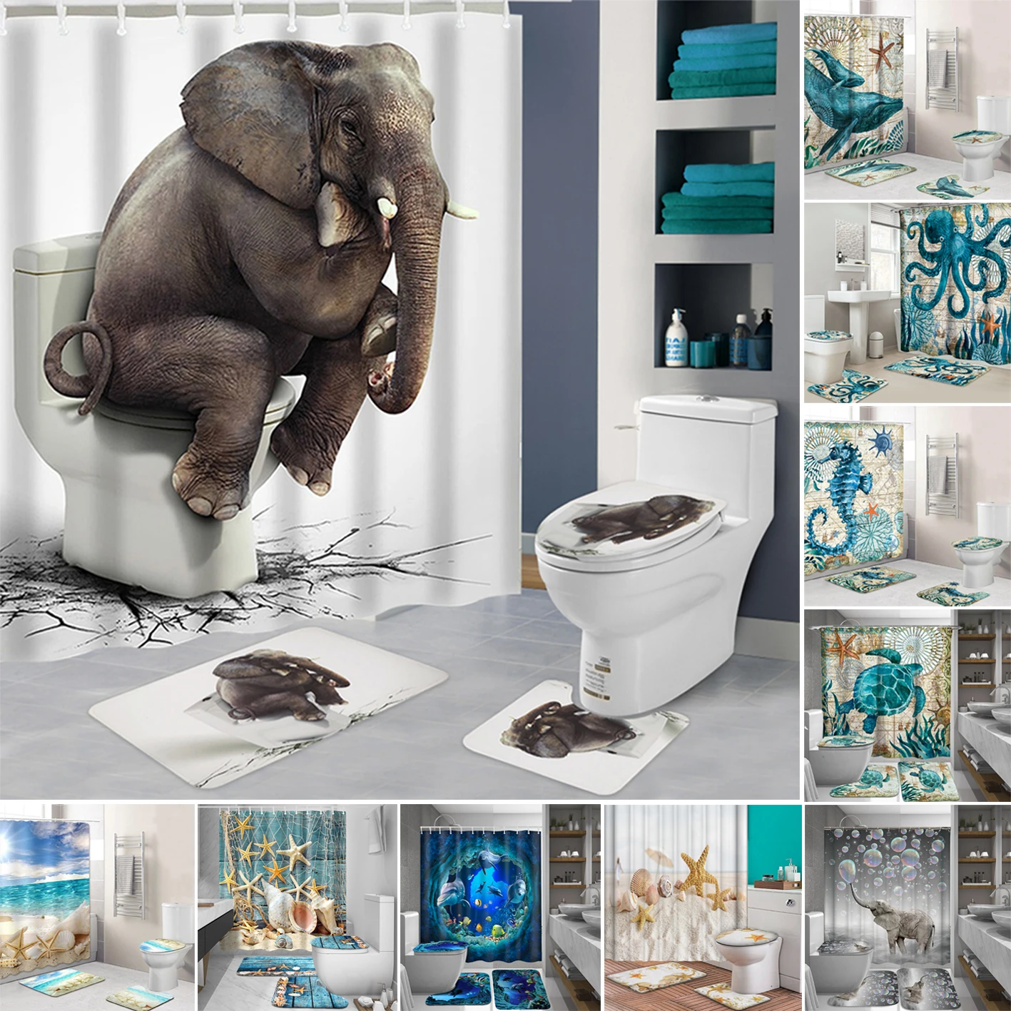 Ocean Beach Shell Sea Turtle Elephant Shower Curtain 3d Waterproof Curtains Bathroom Pedestal Rug Lid Toilet Cover Bath Mat Set Shower Curtains Aliexpress
