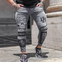 Pantalones vaqueros con estampado para hombre, con personalidad Jeans ajustados a la moda, ajustados, para Moto de calle o motociclista, para las cuatro estaciones