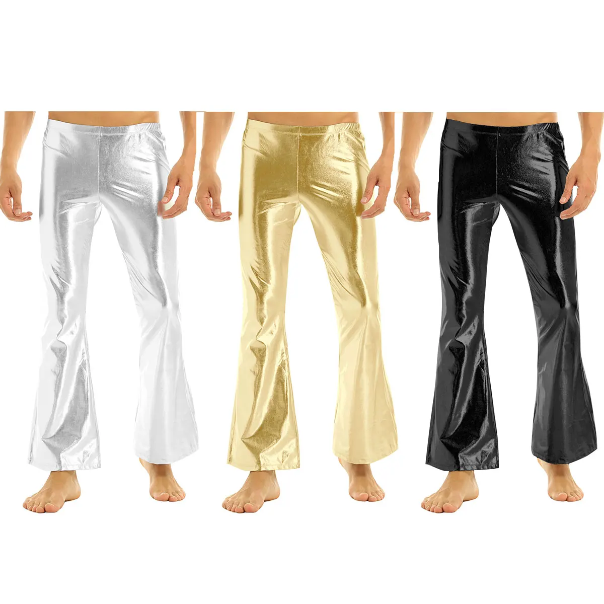 Description Picture 3 of itemChicTry Adults Mens Shiny Metallic Disco Pants with Bell Bottom Flared Long Pants Dude Costume Trousers for 70's Theme Parties
