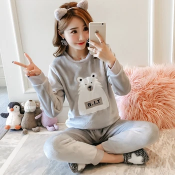 

2020 Winter Thick Warm Flannel Cute Cartoon Bear Pajama Sets Women Long Sleeve Coral Velvet Sleepwear Suit Homewear Home Clothes