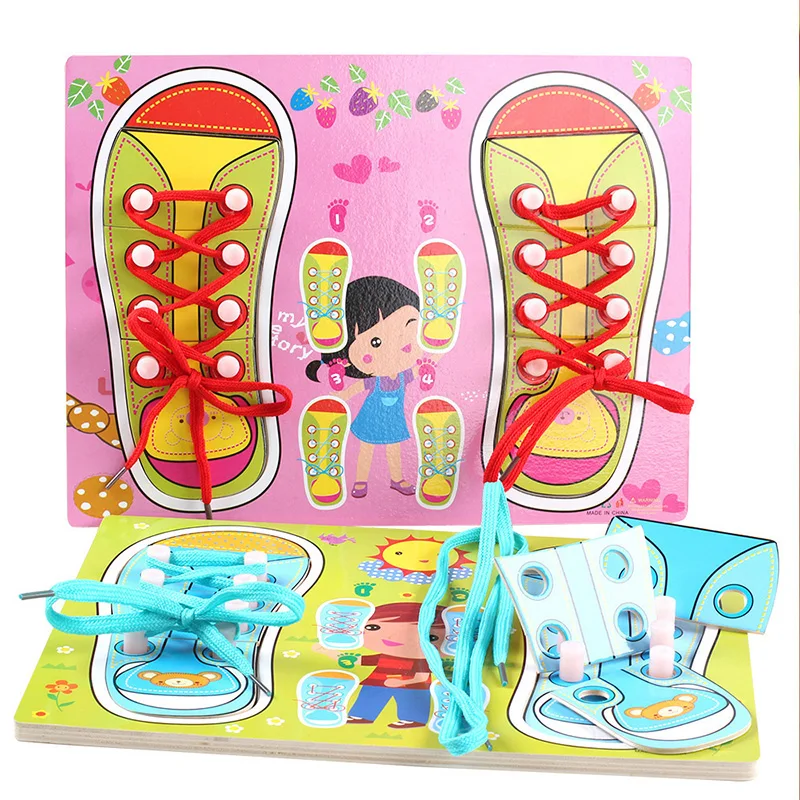 Juguete de calzado de cordones de madera para niños, 2 colores, aprendizaje de corbata para cordones, Motor fino, habilidades, Juguetes Divertidos, auto estudio para entrenamiento