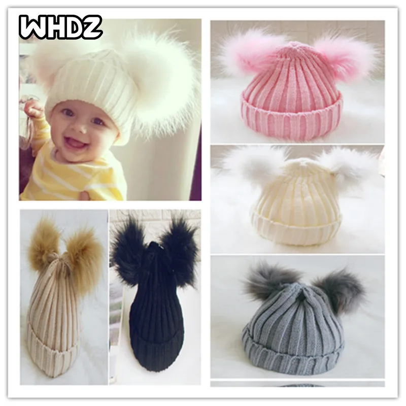 Brand New Newborn Baby Kids Girls Boys Winter Warm Knit Hat Furry Balls Pompom Solid Warm Cute Lovely Beanie Cap Gifts