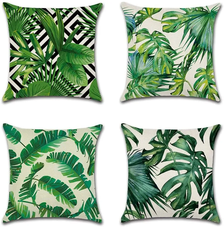 

4PCS Square Pillow Cover Cushion Case Hidden Zipper Closure Home Decoration Pillowcase Plant Printing Style linen Pillowcase