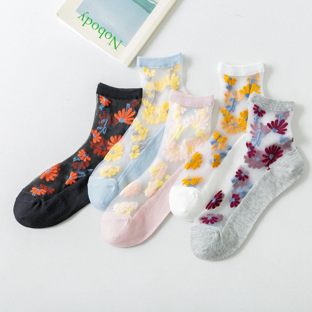 

Fairy Breathable Ultra Thin Socks Summer Women Transparent Lace Silk Crystal Daisy Flower Girls Elastic Short Socks Female Sox