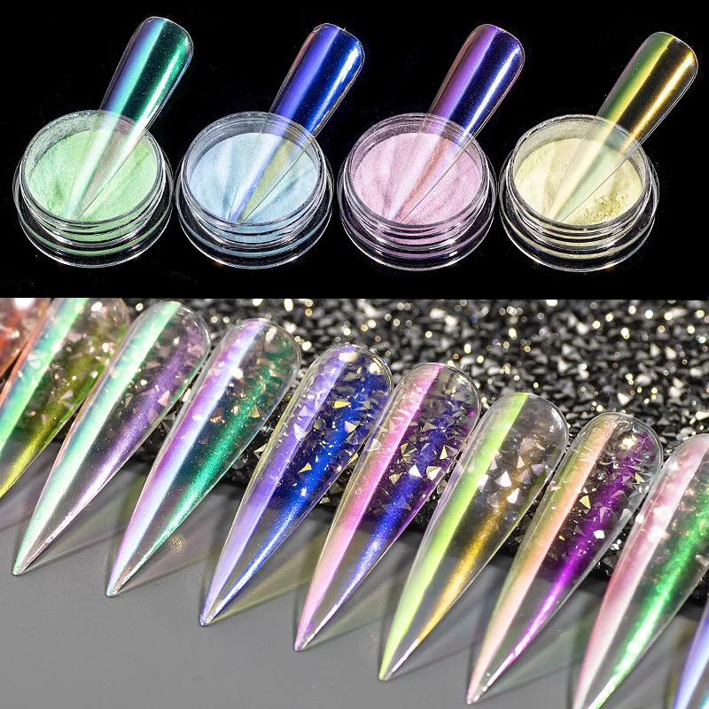 

12 Colors Ice Transparent Mirror Mermaid Powder 0.2G Nail Chrome Mirror Powder Laser Rainbow UV Gel Glitter Pigment Magic Powder
