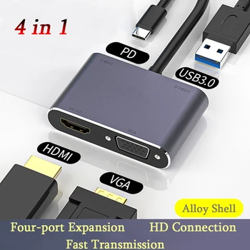 

4 in 1 USB C HDMI Type c to HDMI 4K Adapter VGA USB3.0 Audio video Converter PD 87W Fast charger for Macbook pro Samsung s9 s10