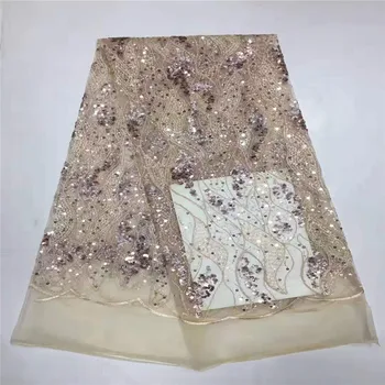 

African Beaded Lace Fabric Embroidered Nigerian Laces Fabric 2019 High Quality Gold French Tulle Lace Fabric For Women