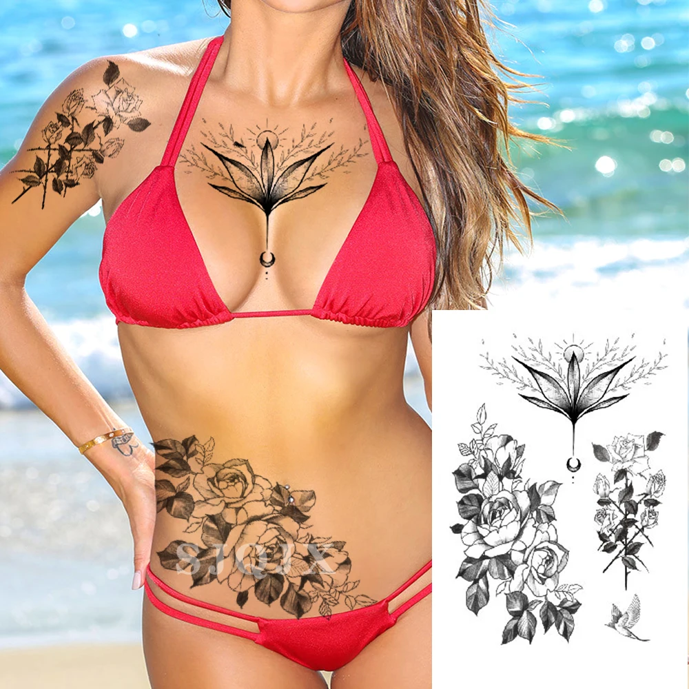 Черный цветок розы поддельные татуировки наклейки для женщин акварельные временные Лотос девушки сексуальные боди-арт Татуировка на руку Переводные татуировки на талию - Color: 2