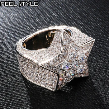 

Full CZ Cubic Zircon Charm Iced Out Bling Tready Star Copper Zircon Ring For Men Women Hip Hop Jewelry Gold Gold