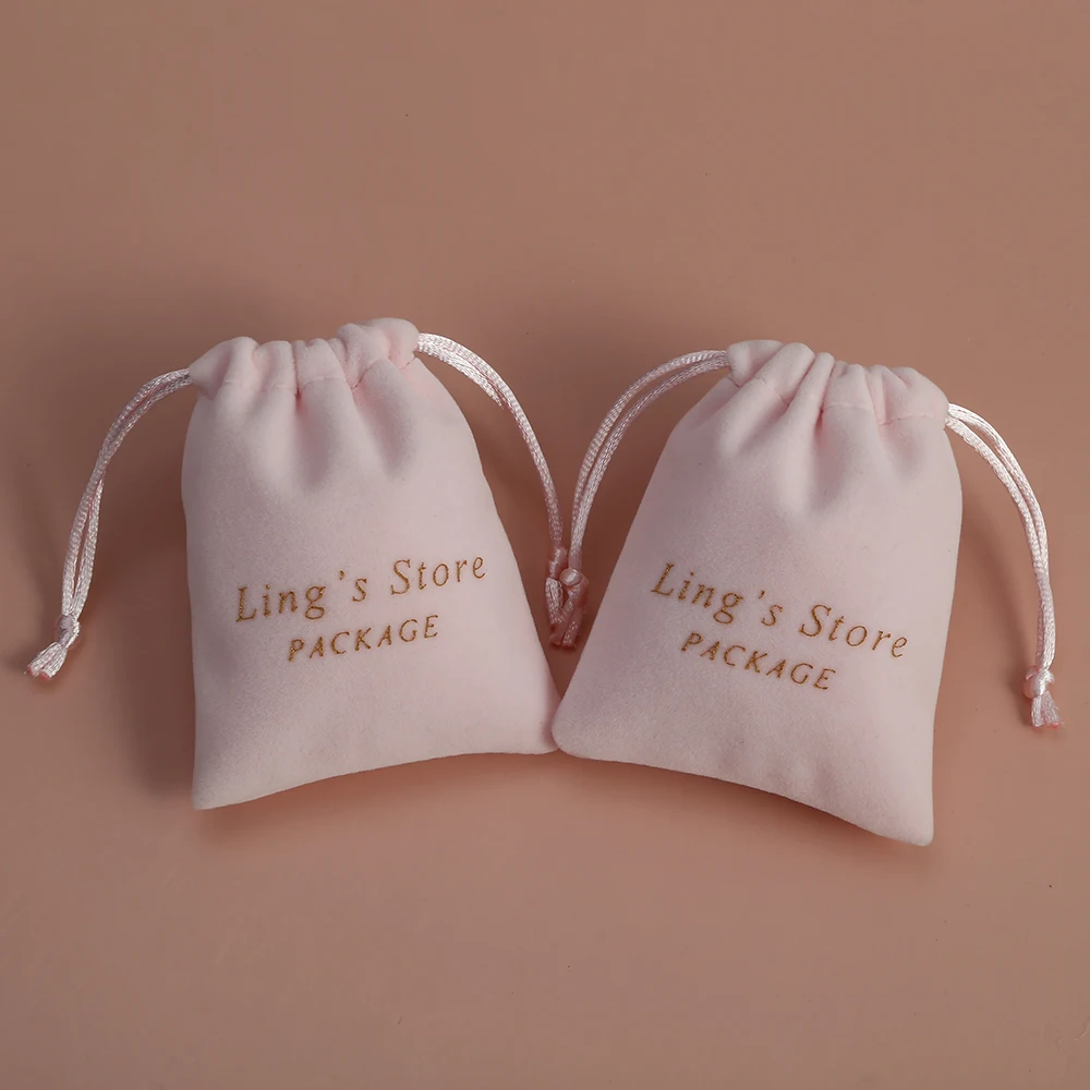 50 Personalized Velvet Jewelry Pouch Beige Drawstring Bags Chic Small Pouches Wedding Favor Gift Pouches Packaging Custom Logo